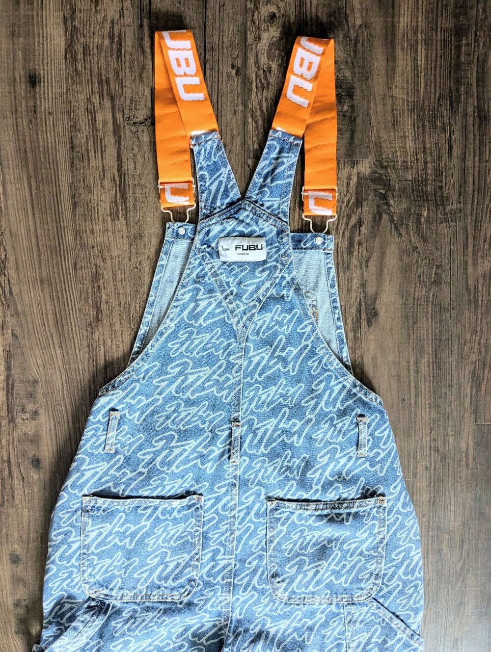 FUBU Logo Print Denim Overalls Blue Orange 2022 F21 Collab - Picture 7 of 14